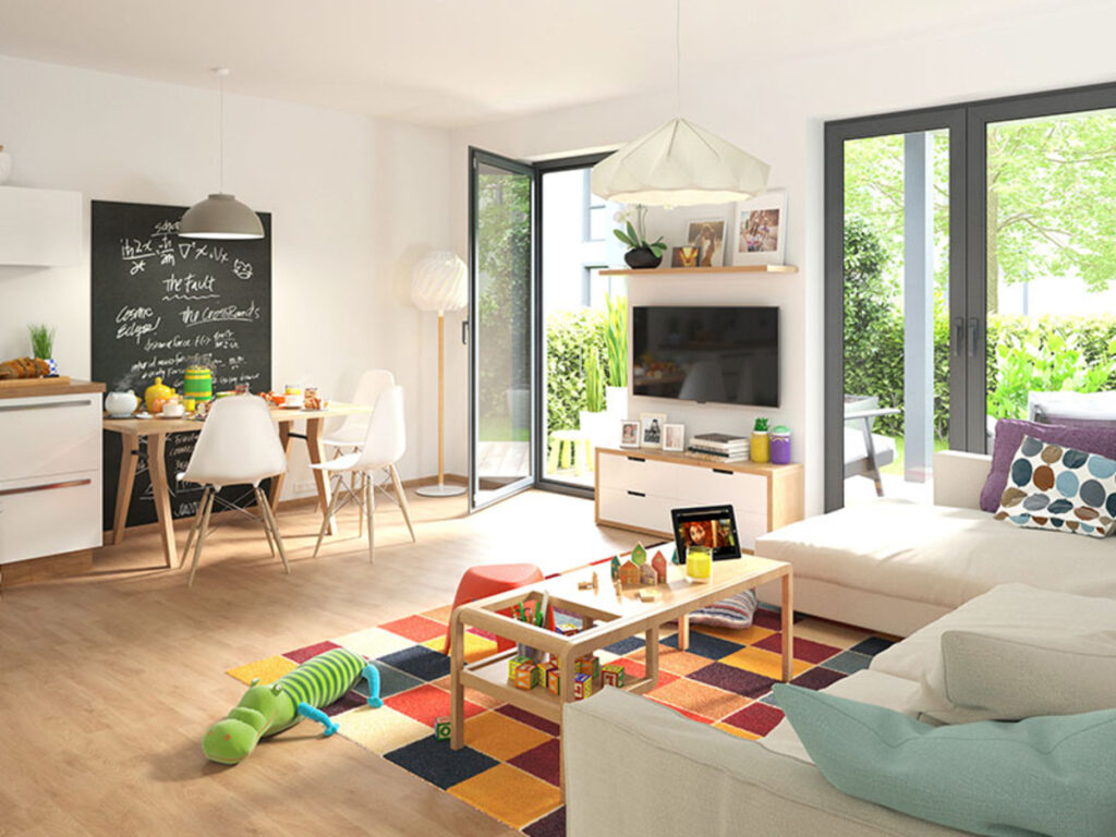 Helles Wohnzimmer mit moderner Einrichtung und Spielzeug.