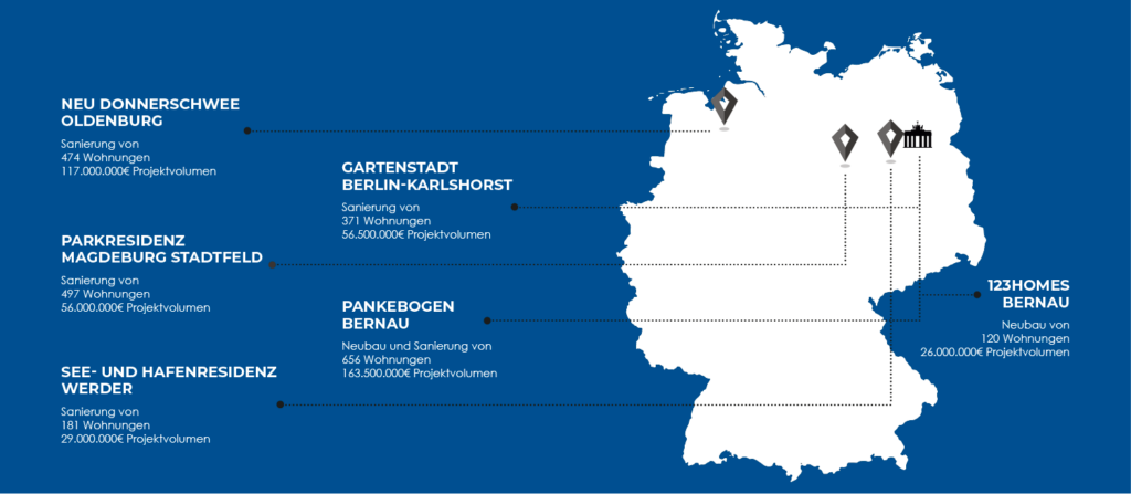 Karte mit Immobilienprojekten in verschiedenen deutschen Städten.
