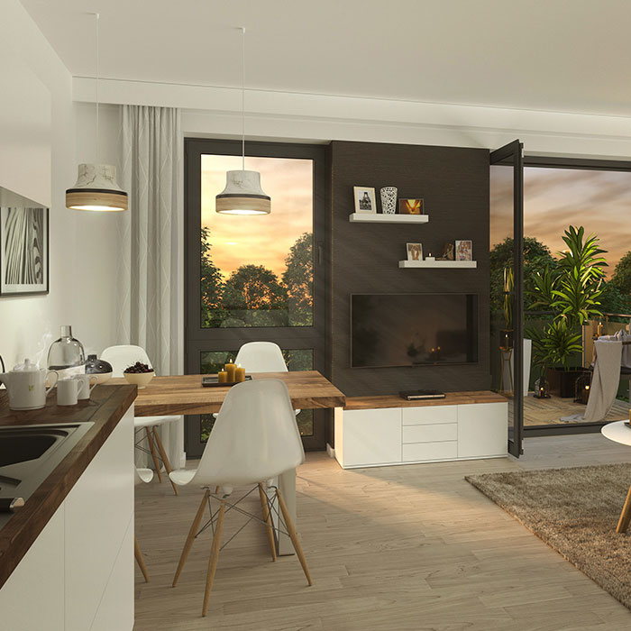 Moderne Wohnung mit offener Küche und Balkon bei Sonnenuntergang.
