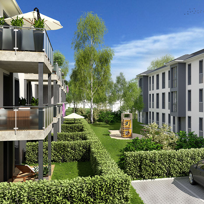 Moderne Wohngebäude mit Balkonen und gepflegtem Garten.