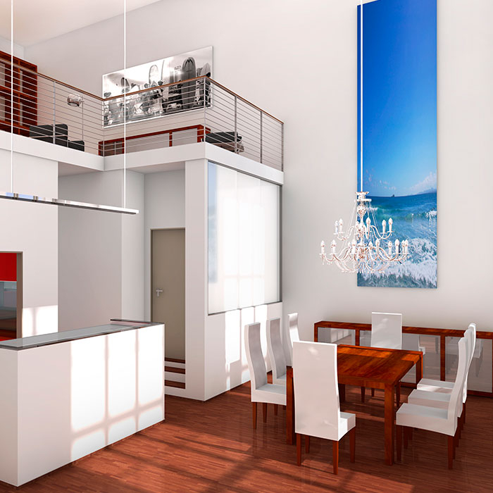 Moderne Wohnung mit Galerie, Esstisch und großem Wandbild.