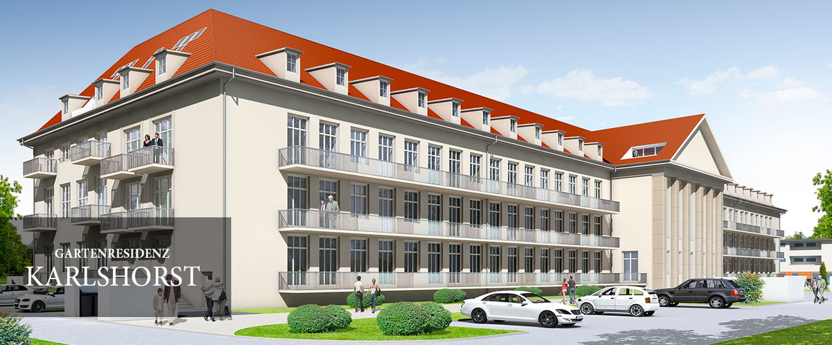 Historisches Gebäude mit rotem Dach und geparkten Autos.