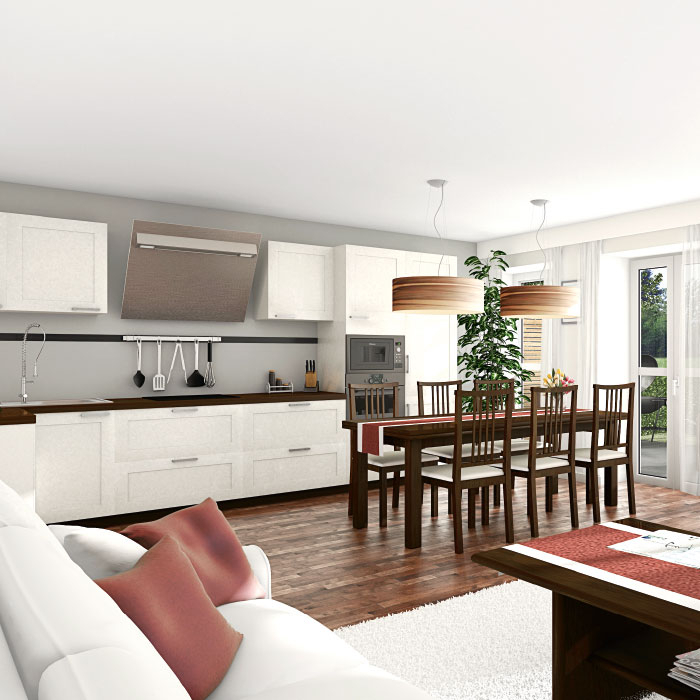 Moderne Küche mit Esstisch, Sofa und großen Fenstern.