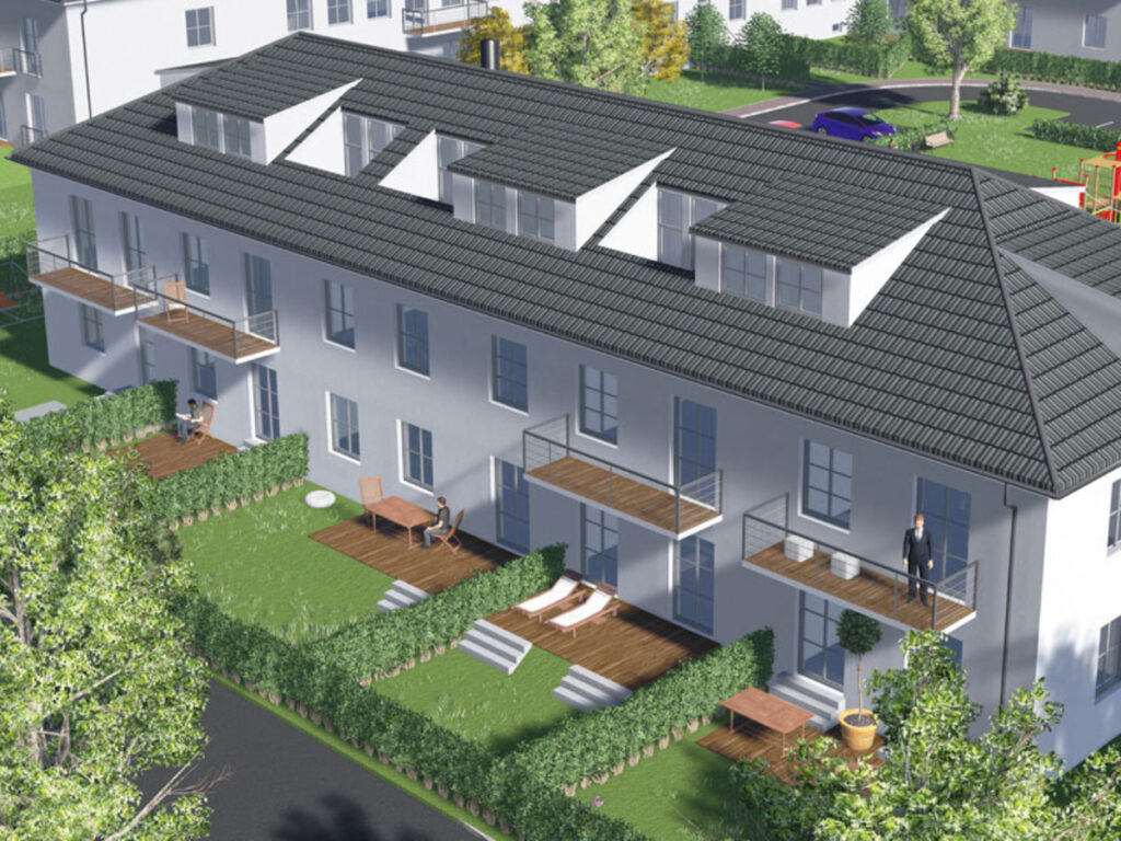 Modernes Wohngebäude mit Balkonen und Gartenansicht.