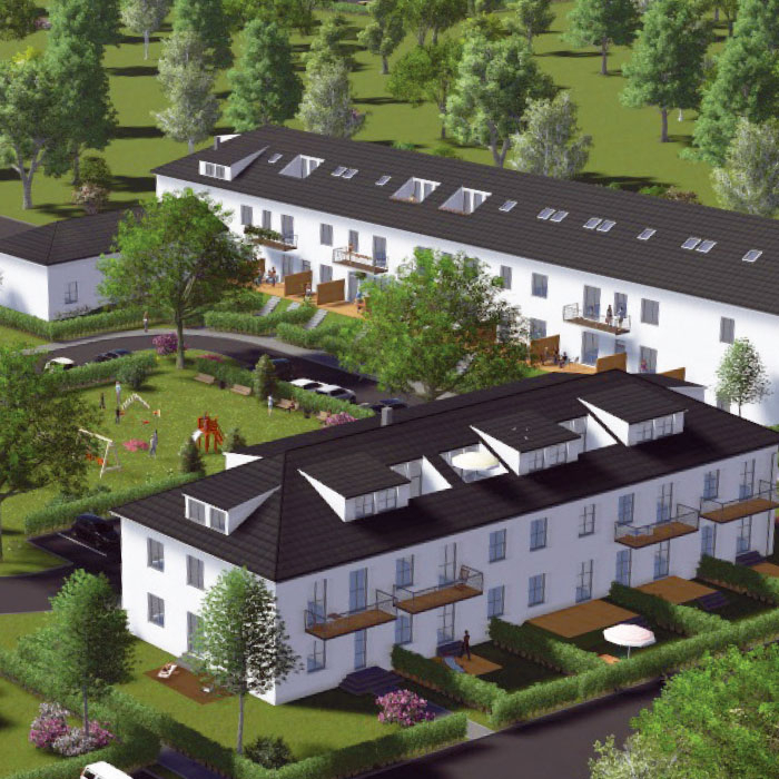 Moderne Wohnanlage mit Garten und Spielplatz, umgeben von Bäumen.